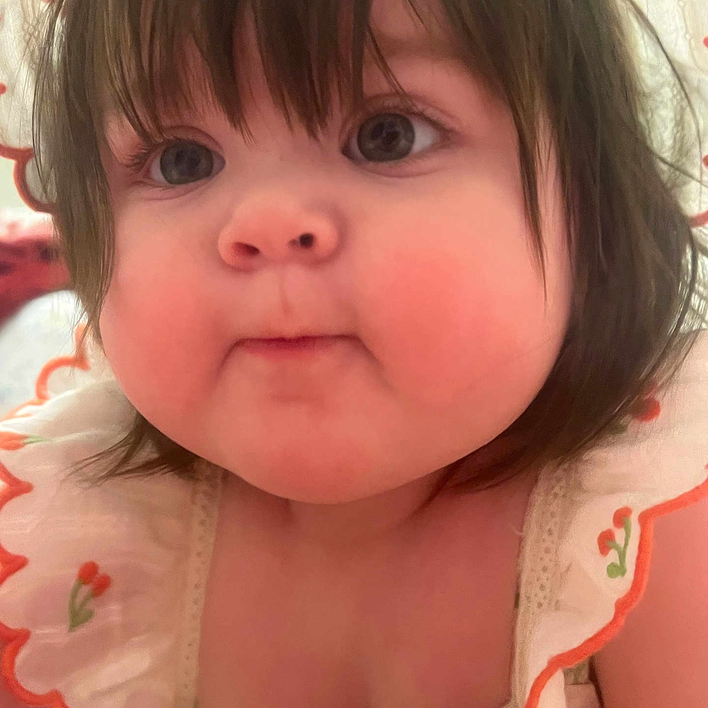 Evangeline joined the competition — help win amazing prizes! baby, bodypart, clothing, dress, face, frown, happy, head, mouth, person, photography, portrait, sad, selfie, shoulder, smile, spitting
