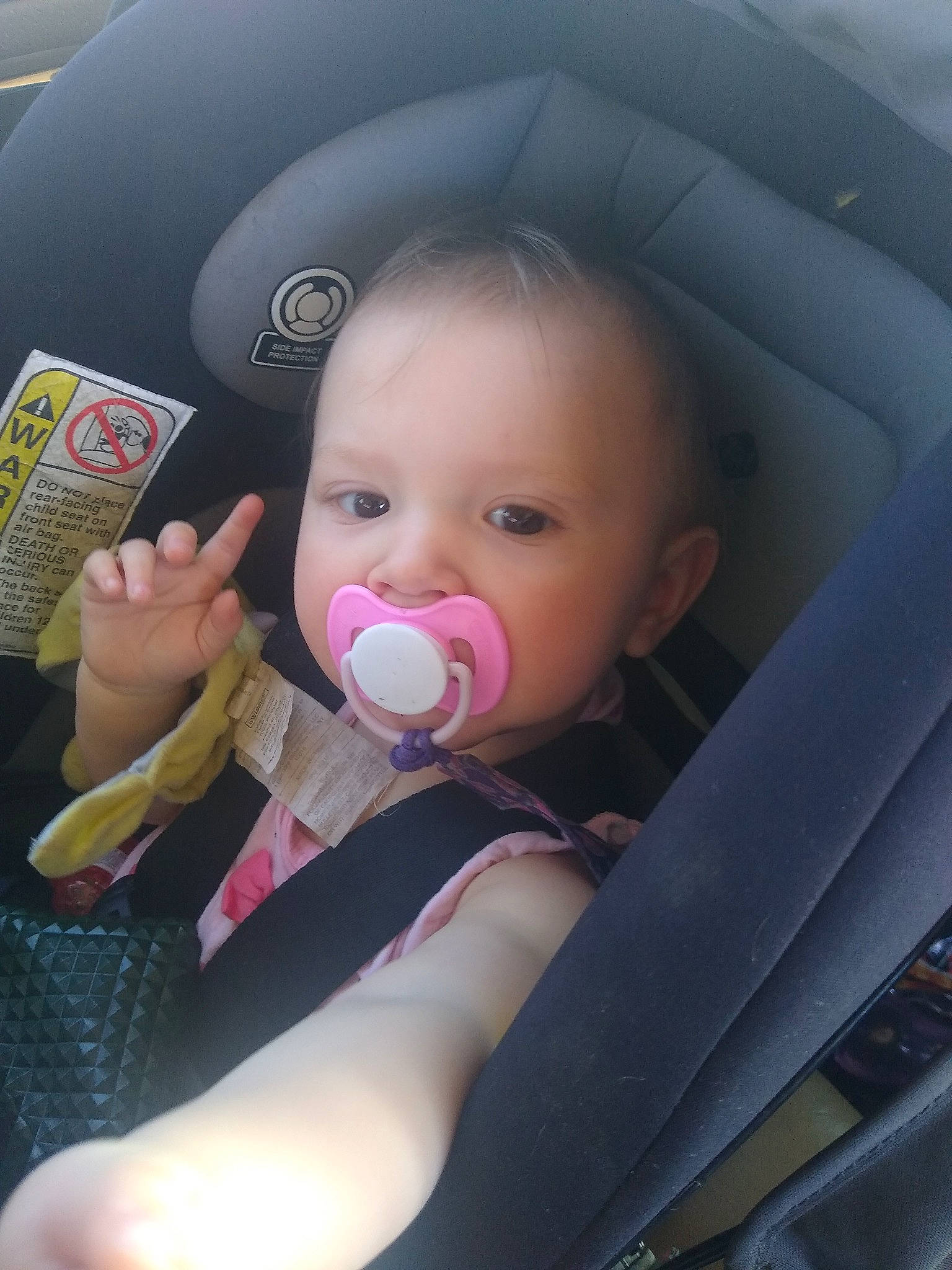 Karma joined the competition — help win amazing prizes! baby, baby_carriage, baby_in_car_seat, baby_products, car, car_seat, cheek, child, mouth, nose, person, pink, product, skin, steering_wheel, toddler, vacation