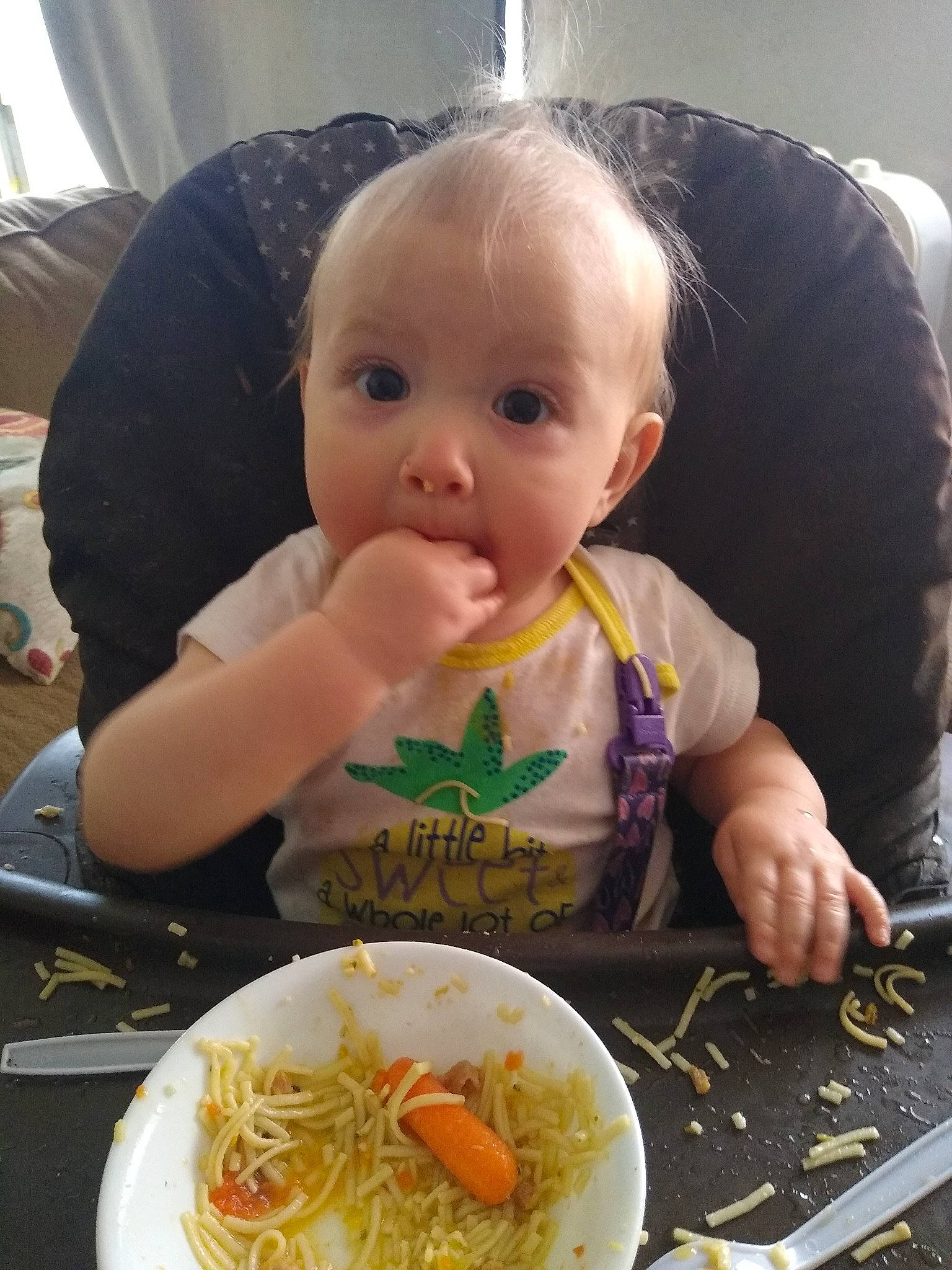 Karma is registered to the contest to win money with this photo: baby, baby_food, brunch, child, comfort_food, cuisine, dish, eating, face, food, head, lunch, meal, person, side_dish, surprise, thai_food, toddler