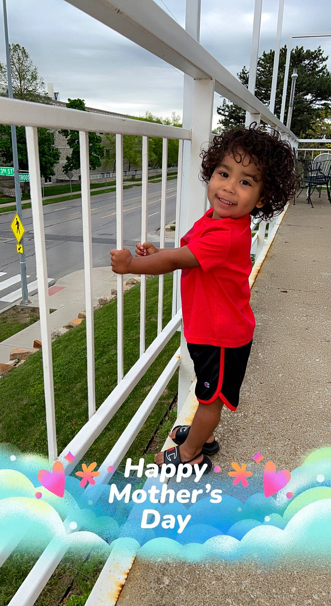 Chevéyo is registered to the contest to win money with this photo: child, electric_blue, fence, fun, grass, handrail, happy, joy, leisure, magenta, outdoor_play_equipment, people_in_nature, person, plant, play, recreation, shorts, t_shirt, toddler, toy