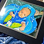 baby, swimming_float, water, pool, frame, blanket, blue, infant, child, person, floating, clothing, cute, fist, face, eyes, indoor, photograph, soft, relax