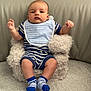 baby, infant, blue_stripes, bib, socks, striped_clothing, armchair, fluffy_chair, carpet, indoor, person, hand, rings, cute, child, seated, portrait, expression, furniture, cozy