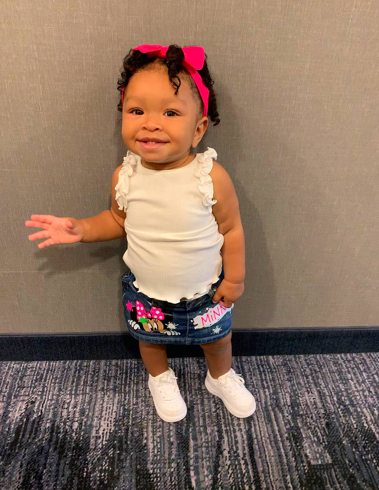 Novah is registered to the contest to win money with this photo: arm, baby, baby_toddler_clothing, child, clothing, day_dress, flooring, fun, happy, hat, joy, magenta, pattern, person, purple, shoulder, skin, sleeve, smile, sock