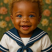 Trae is registered to the contest to win money with this photo: toddler, child, curly_hair, blue_eyes, smiling, portrait, navy_outfit, sailor_collar, cute, happy, baby, indoor, floral_background, vintage_style, close_up, person, clothing, face, skin, photography