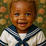 baby, blue_eyes, child, close_up, clothing, curly_hair, cute, face, floral_background, happy, indoor, navy_outfit, person, photography, portrait, sailor_collar, skin, smiling, toddler, vintage_style