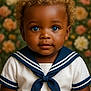 Trae is registered to the contest to win money with this photo: toddler, child, blue_eyes, curly_hair, sailor_outfit, portrait, closeup, indoor, flower_background, cute, smiling, baby, fashion, person, clothing, face, skin, head, innocent, photography