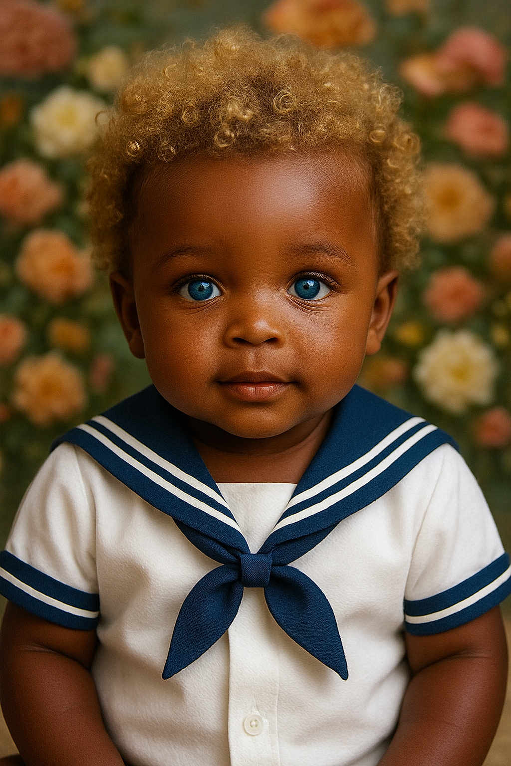 Trae is registered to the contest to win money with this photo: toddler, child, blue_eyes, curly_hair, sailor_outfit, portrait, closeup, indoor, flower_background, cute, smiling, baby, fashion, person, clothing, face, skin, head, innocent, photography