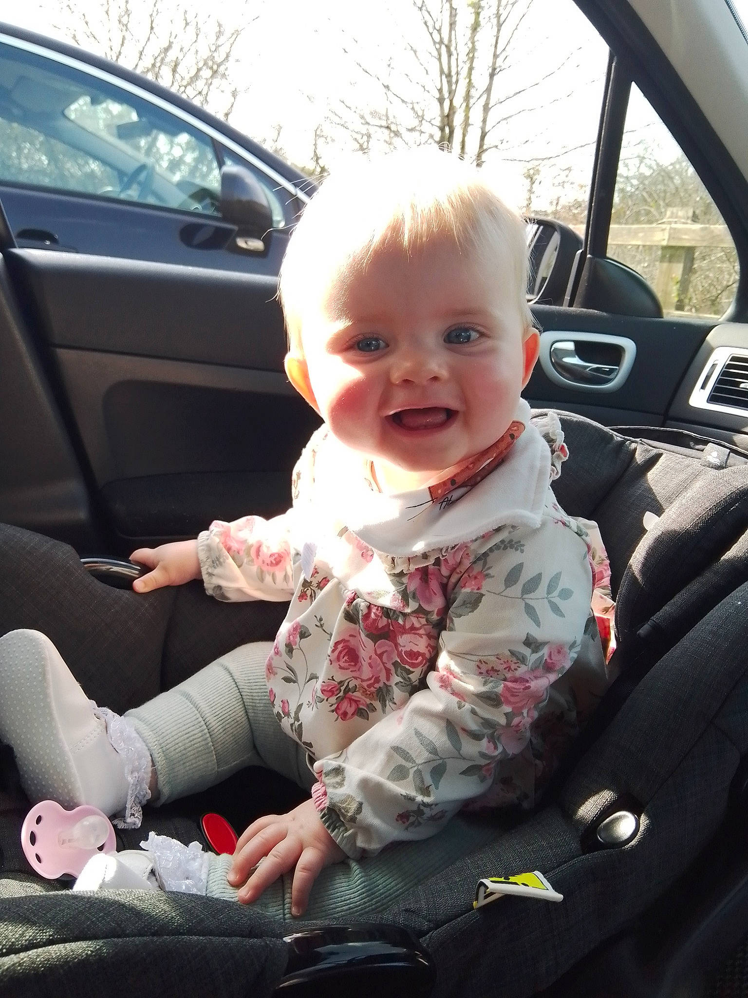 Addison joined the competition — help win amazing prizes! auto_part, automotive_exterior, baby, baby_toddler_clothing, car, car_seat, car_seat_cover, facial_expression, happy, joy, motor_vehicle, person, plant, product, skin, sky, smile, steering_wheel, toddler, vehicle