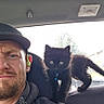man, cat, kitten, black_cat, car_interior, cap, earbud, window, outdoor, pet, shoulder, curious, animal, person, beard, casual_clothing, daylight, vehicle, seat, collar