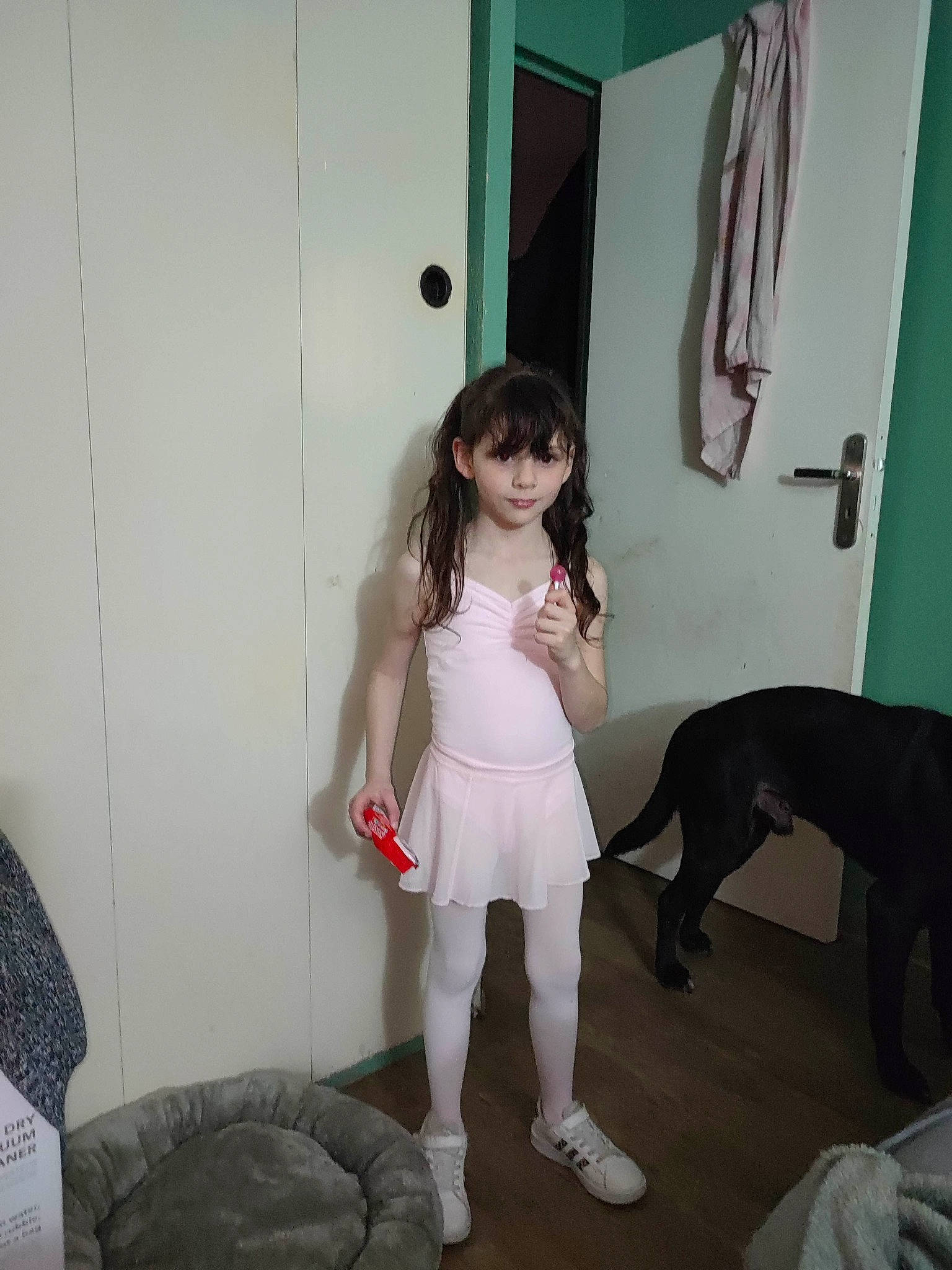 Eléonore a rejoint le concours — aidez-le/la à gagner de superbes lots ! carnivore, companion_dog, dog, dog_breed, door, fashion_design, fawn, floor, flooring, fun, fur, human_leg, knee, leash, person, room, sitting, tail, thigh, waist