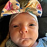 baby, infant, headband, bow, face, eyes, clothing, portrait, closeup, cute, child, newborn, soft_light, indoors, person, skin, expression, apparel, young, headwear