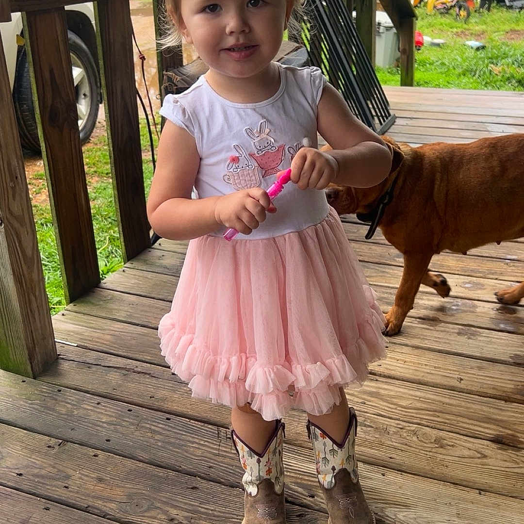 Irelynn is registered to the contest to win money with this photo: brown_dog, child, cowboy_boots, cute, dog, dress, girl, grass, nature, outdoor, pink, playful, porch, smiling, standing, summer, toddler, toy, trailer, wooden_floor