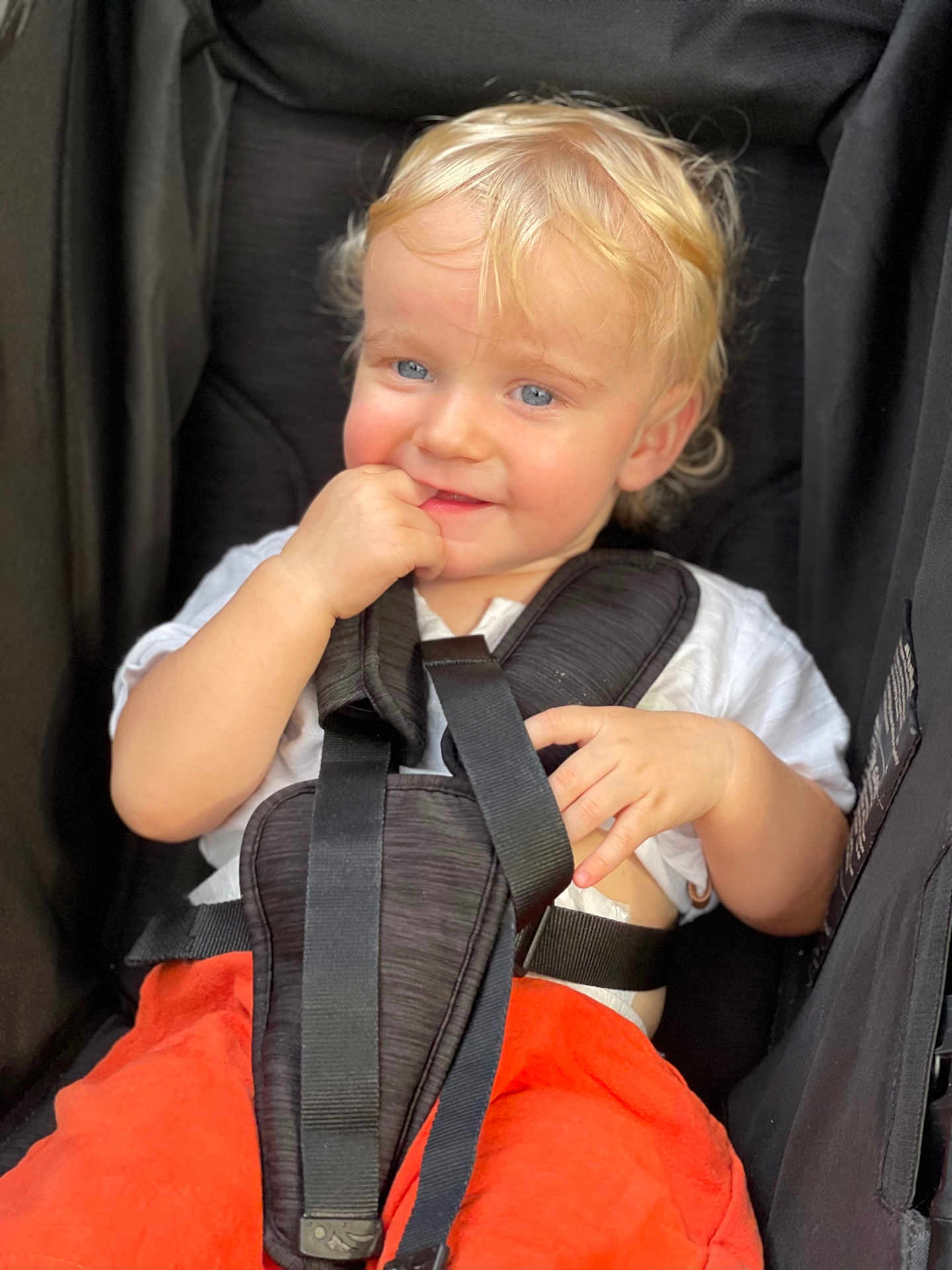 Taj is registered to the contest to win money with this photo: toddler, child, blonde_hair, blue_eyes, stroller, car_seat, orange_clothing, white_shirt, baby, sitting, cute, face, hand, safety_harness, infant, portrait, baby_clothes, young_child, baby_fashion, seat