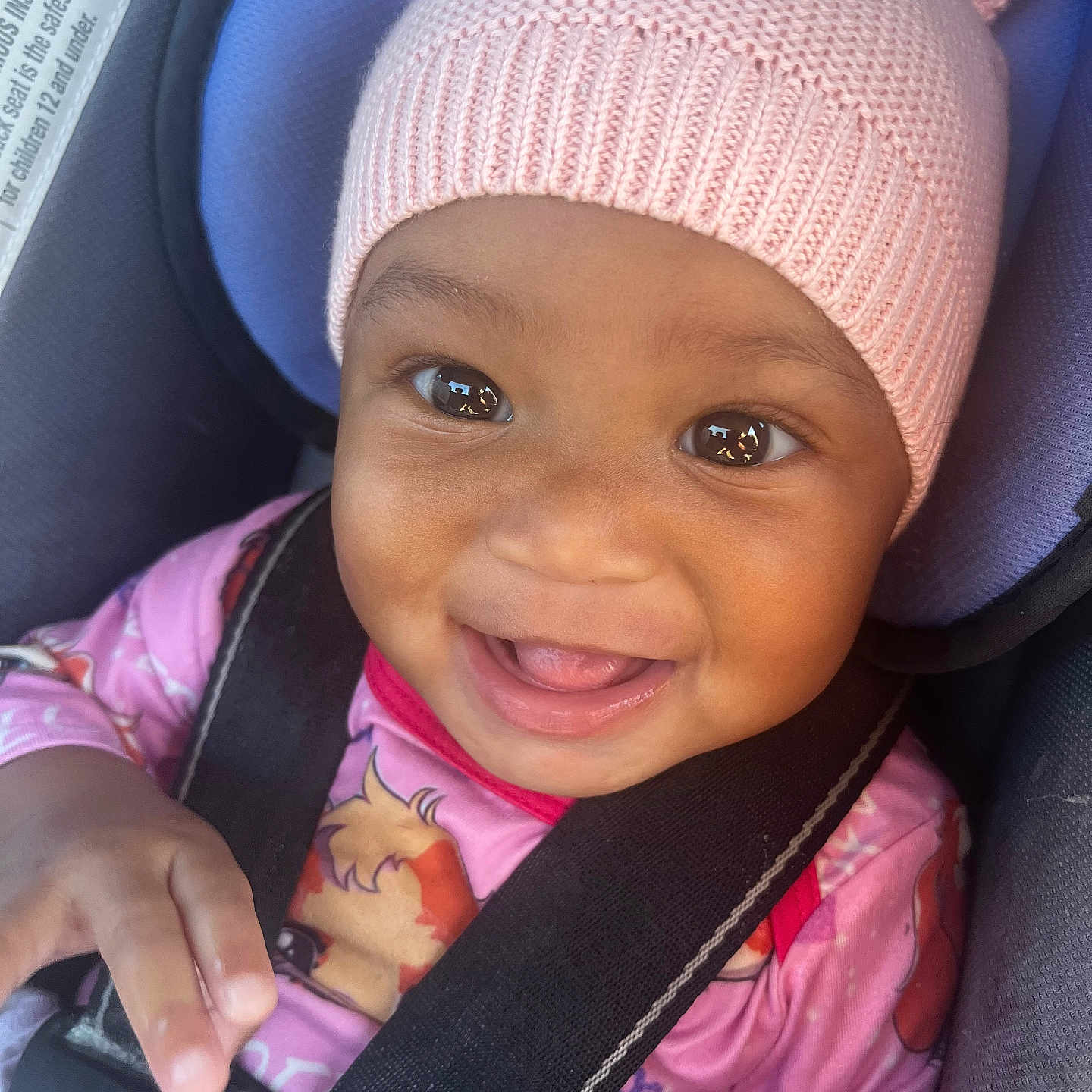 Aurelia is registered to the contest to win money with this photo: baby, baby_girl, car_interior, car_seat, child, close_up, clothing, cute, expression, face, happy, infant, knit_hat, pink_hat, playful, portrait, safety, seatbelt, smiling, young_child