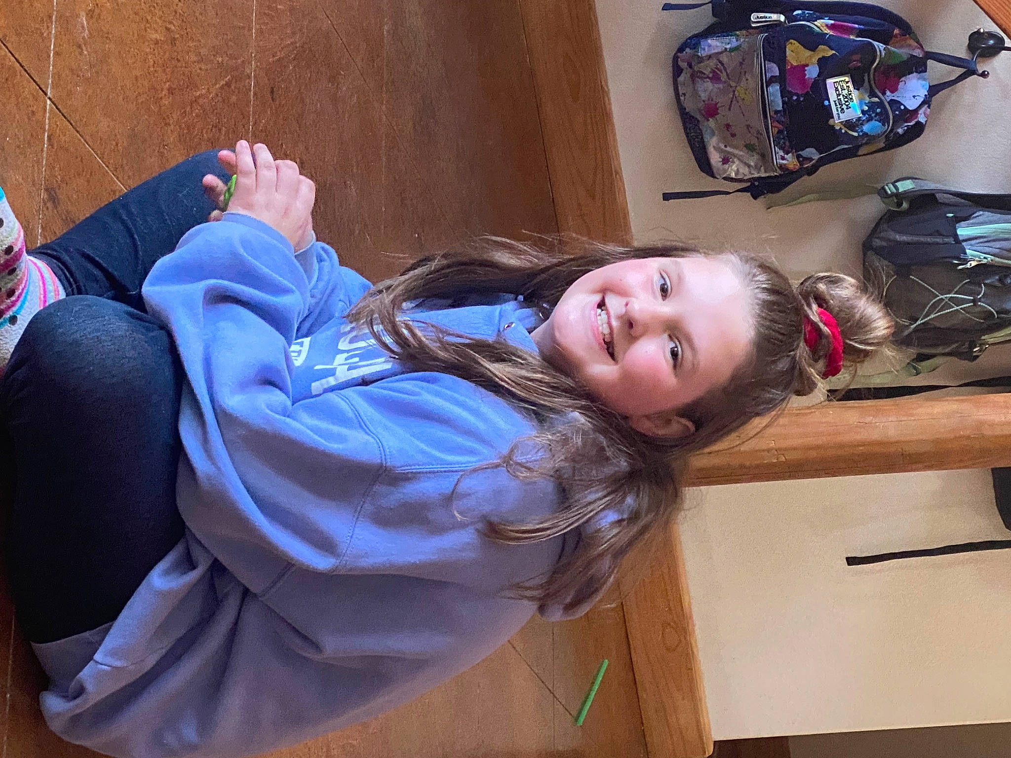 Morgan joined the competition — help win amazing prizes! automotive_design, child, comfort, electric_blue, eyewear, fun, hair_coloring, happy, human_leg, joy, leisure, mouth, person, room, sitting, smile, tree, wood