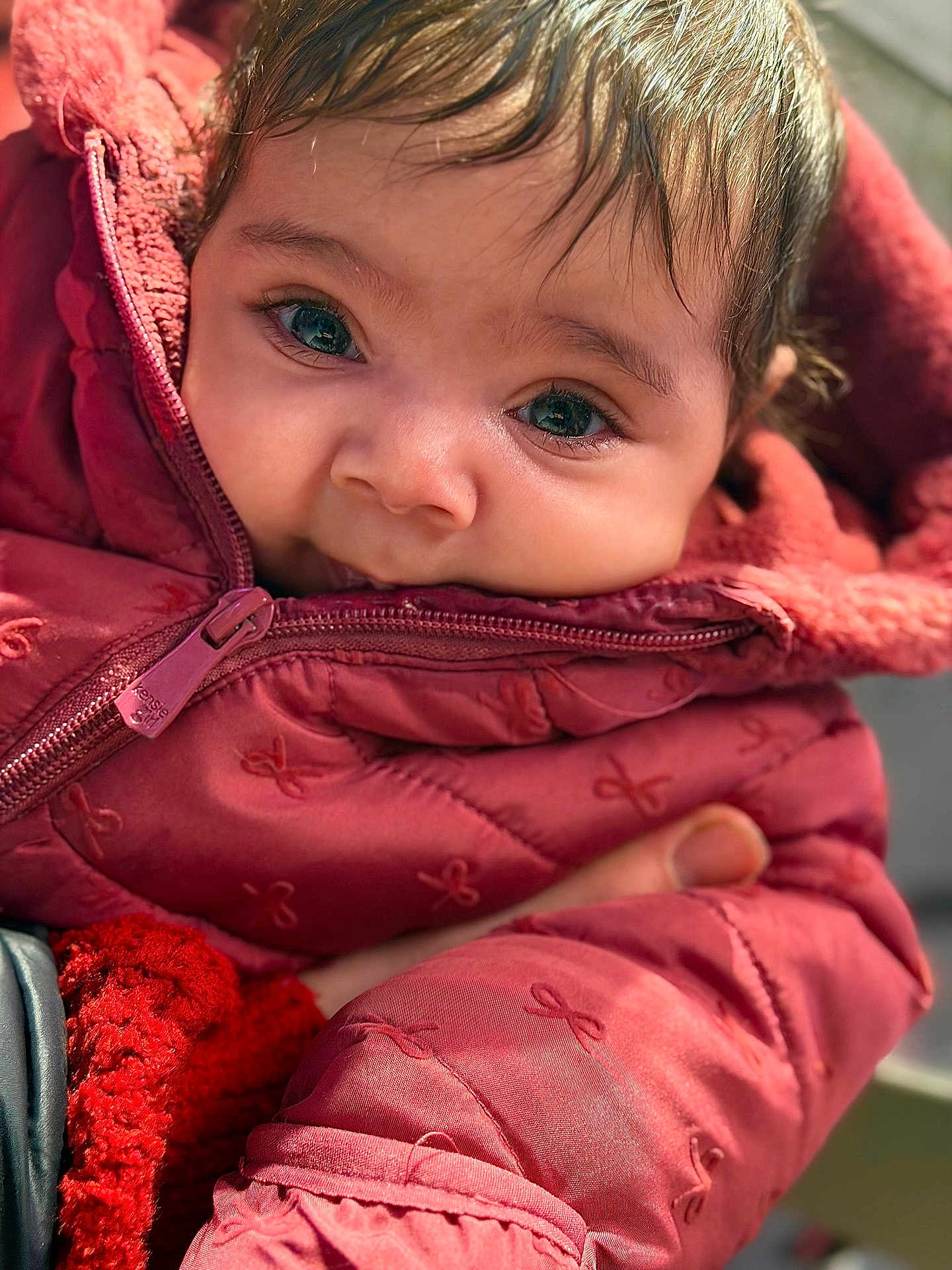 Rose joined the competition — help win amazing prizes! baby, child, close_up, cute, expression, eyes, face, hand, infant, jacket, knitwear, outdoor, person, portrait, red, skin, soft, warm_clothing, winter, zipper