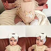 Evelyn is registered to the contest to win money with this photo: baby, child, infant, headband, bow, cream_outfit, knitted_socks, blanket, chair, curly_hair, blue_eyes, cute, portrait, sitting, indoor, soft_lighting, candid, expression, cute_baby, adorable