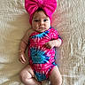 baby, infant, child, pink_bow, tie_dye, onesie, blanket, laying_down, wide_eyes, cute, headband, portrait, indoors, skin, person, one_person, baby_clothing, soft_texture, colorful, adorable