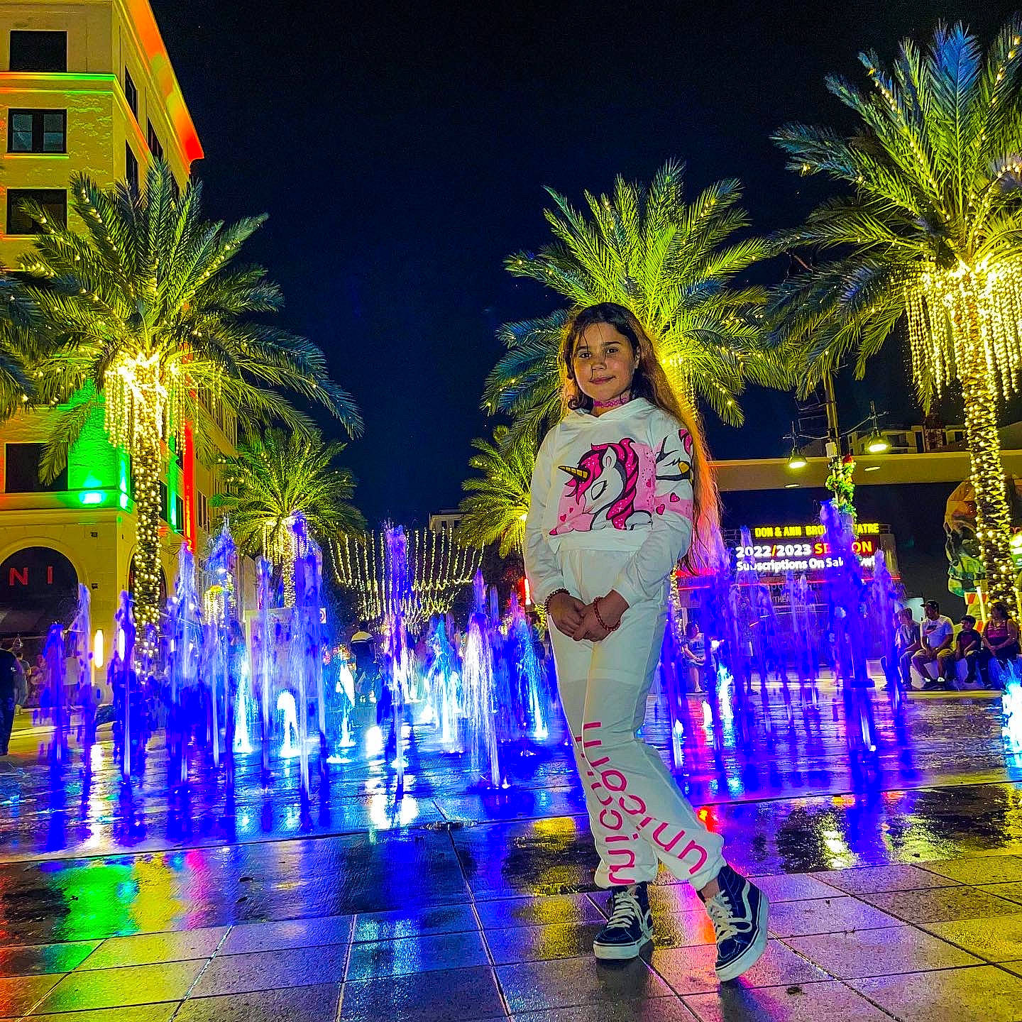 Natalia joined the competition — help win amazing prizes! arecales, city, electric_blue, entertainment, event, fun, happy, joy, landscape_lighting, leisure, light, midnight, neon, palm_tree, performing_arts, person, plant, purple, sky, tree
