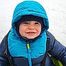 Alessio participe au concours pour gagner de l'argent avec cette photo : baby, blue_jacket, cheeks, child, cold_weather, face, fun, happy, hat, hood, outdoor, person, portrait, seasonal, smiling, snow, straps, toddler, winter_clothing, zipper