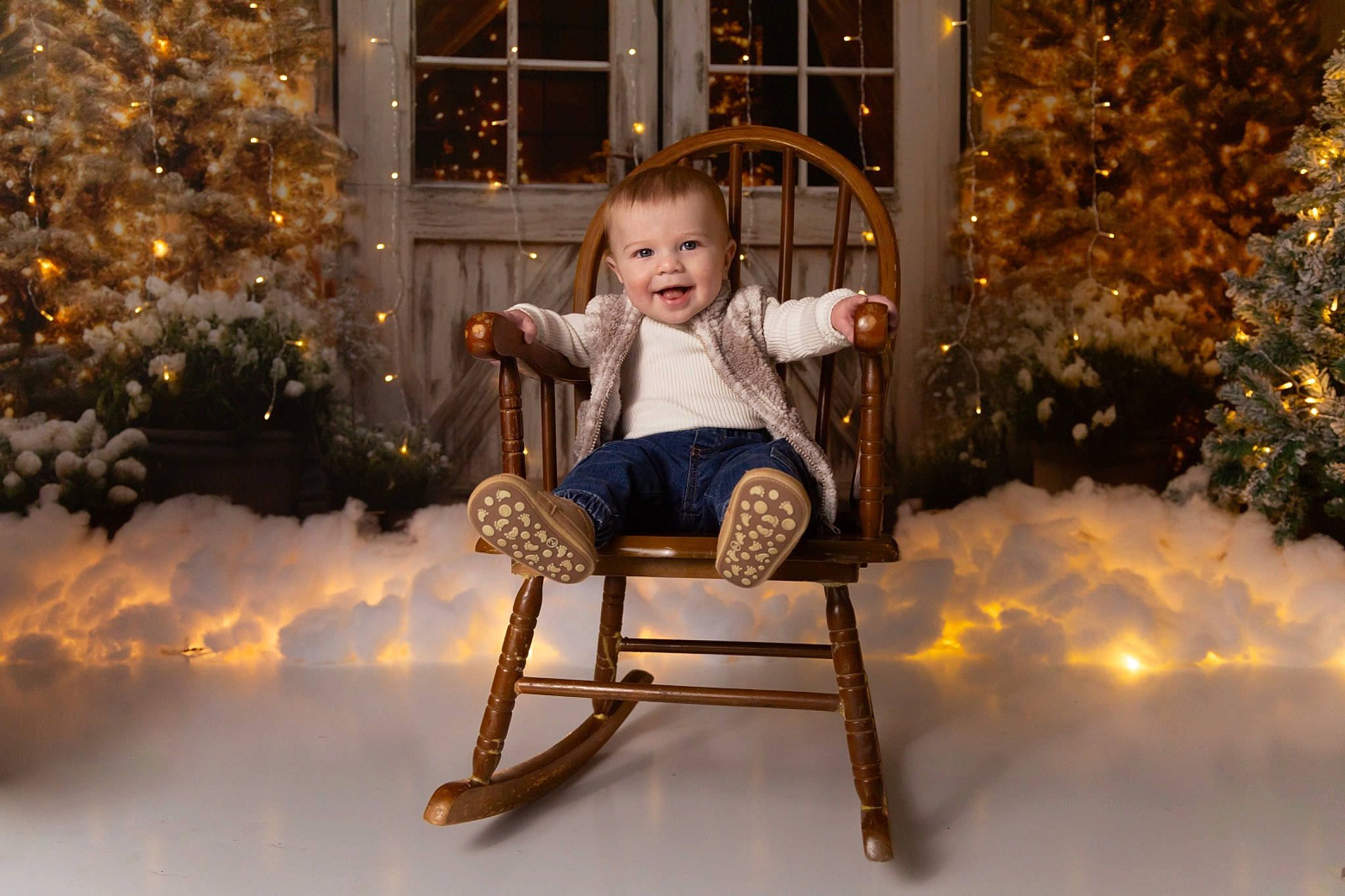 Asher is registered to the contest to win money with this photo: baby, chair, christmas_tree, comfort, event, facial_expression, flash_photography, fun, happy, joy, leisure, light, lighting, person, plant, sitting, smile, toddler, tree, window