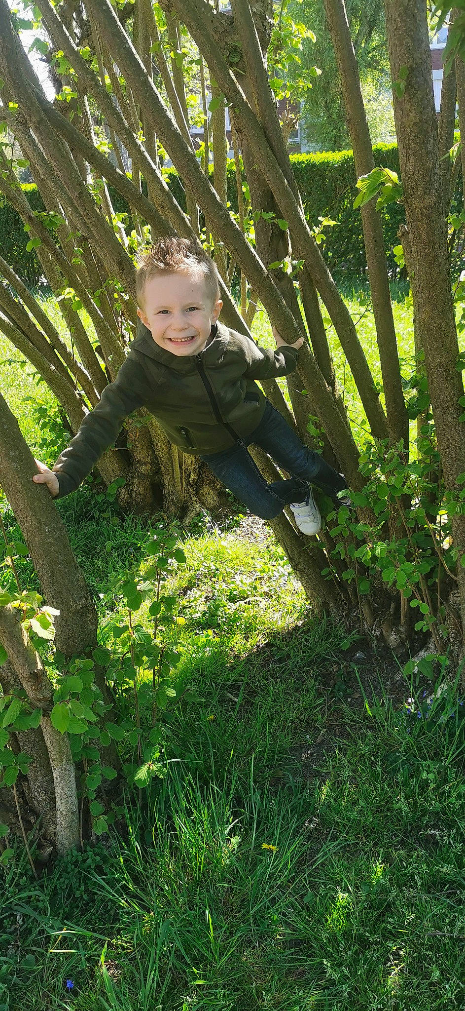 Noé participe au concours pour gagner de l'argent avec cette photo : baby, baby_toddler_clothing, child, forest, grass, happy, head, joy, jungle, natural_landscape, people_in_nature, person, plant, smile, sunlight, t_shirt, terrestrial_plant, toddler, tree, trunk