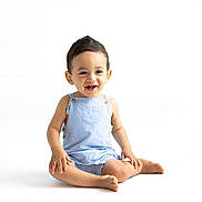 Nicolas joined the competition — help win amazing prizes! toddler, child, smiling, sitting, blue_overalls, barefoot, happy, studio, white_background, cute, portrait, baby, infant, one_person, casual_clothing, isolated, young_child, indoors, positive_emotion, playful