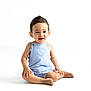 toddler, child, smiling, sitting, blue_overalls, barefoot, happy, studio, white_background, cute, portrait, baby, infant, one_person, casual_clothing, isolated, young_child, indoors, positive_emotion, playful