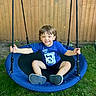 Ryker joined the competition — help win amazing prizes! child, toddler, swing, blue_shirt, number_three, smiling, outdoor, grass, fence, rope, playground, happy, casual_clothing, footwear, summer, young_child, seated, greenery, playtime, backyard