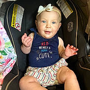 Rynli is registered to the contest to win money with this photo: baby, infant, car_seat, headband, blue_eyes, smiling, clothing, sitting, cute, child, striped_shorts, navy_top, text_on_clothing, indoor, soft_lighting, fabric, cushion, person, happy, portrait