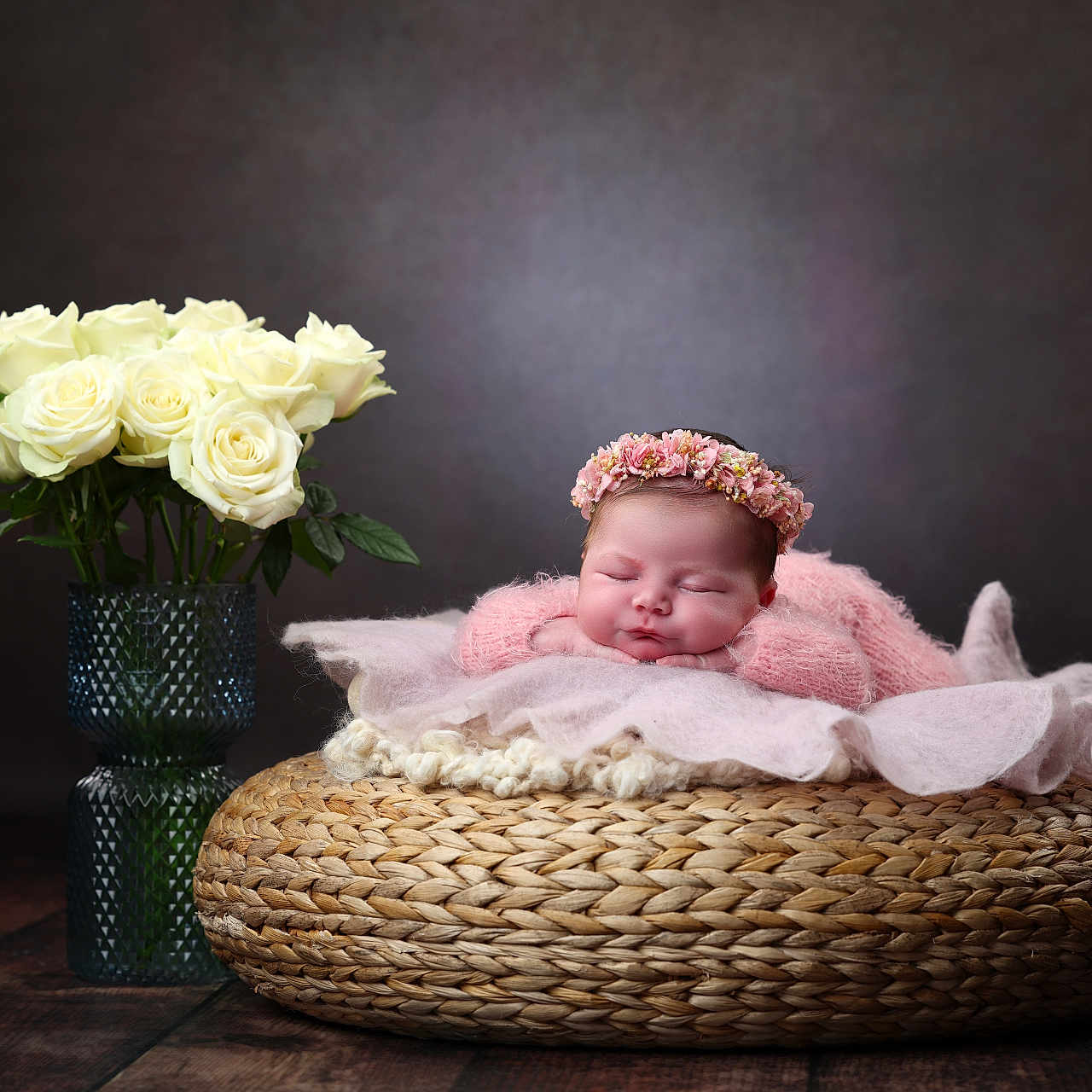 Roseanna joined the competition — help win amazing prizes! baby, basket, bed, bonnet, clothing, face, flower, flowerarrangement, flowerbouquet, furniture, hardwood, hat, head, ikebana, newborn, pattern, person, petal, plant, rose