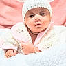 Princesa joined the competition — help win amazing prizes! baby, infant, child, portrait, close_up, face, serious, wide_eyed, knit_hat, lamb_hat, animal_ears, pink, white, blanket, fluffy, bundled, indoors, cozy, sitting, photography