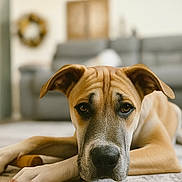 Tara is registered to the contest to win money with this photo: dog, pet, canine, indoor, carpet, living_room, ears, closeup, face, lying_down, brown, furniture, home, portrait, animal, domestic_animal, relaxed, cute, expression, floor