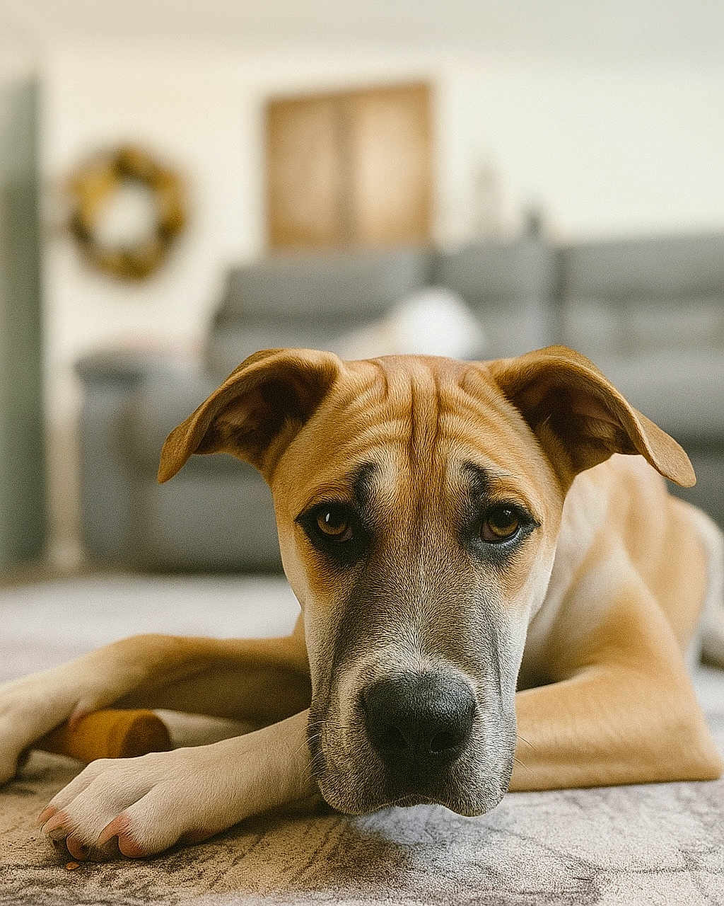 Tara is registered to the contest to win money with this photo: dog, pet, canine, indoor, carpet, living_room, ears, closeup, face, lying_down, brown, furniture, home, portrait, animal, domestic_animal, relaxed, cute, expression, floor
