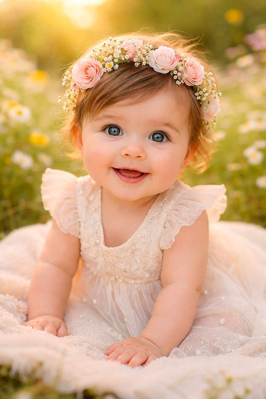 Lily Rosa joined the competition — help win amazing prizes! baby, child, flower_crown, smiling, blue_eyes, dress, lace, outdoor, nature, sunlight, grass, infant, cute, portrait, happy, crawling, soft_blanket, flowers, innocence, daylight