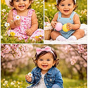 Lily Rosa joined the competition — help win amazing prizes! baby, child, flower, spring, outdoor, smile, hat, bunny_ears, basket, egg, dress, denim_jacket, headband, grass, nature, cute, portrait, happy, sitting, flower_field