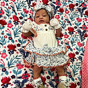Nirahylez joined the competition — help win amazing prizes! adorable, baby, child, colorful, cute, dress, fabric, floral_blanket, headband, indoor, infant, looking_at_camera, lying_down, mittens, patterned_clothing, portrait, shoes, small_feet, soft_texture, young_child