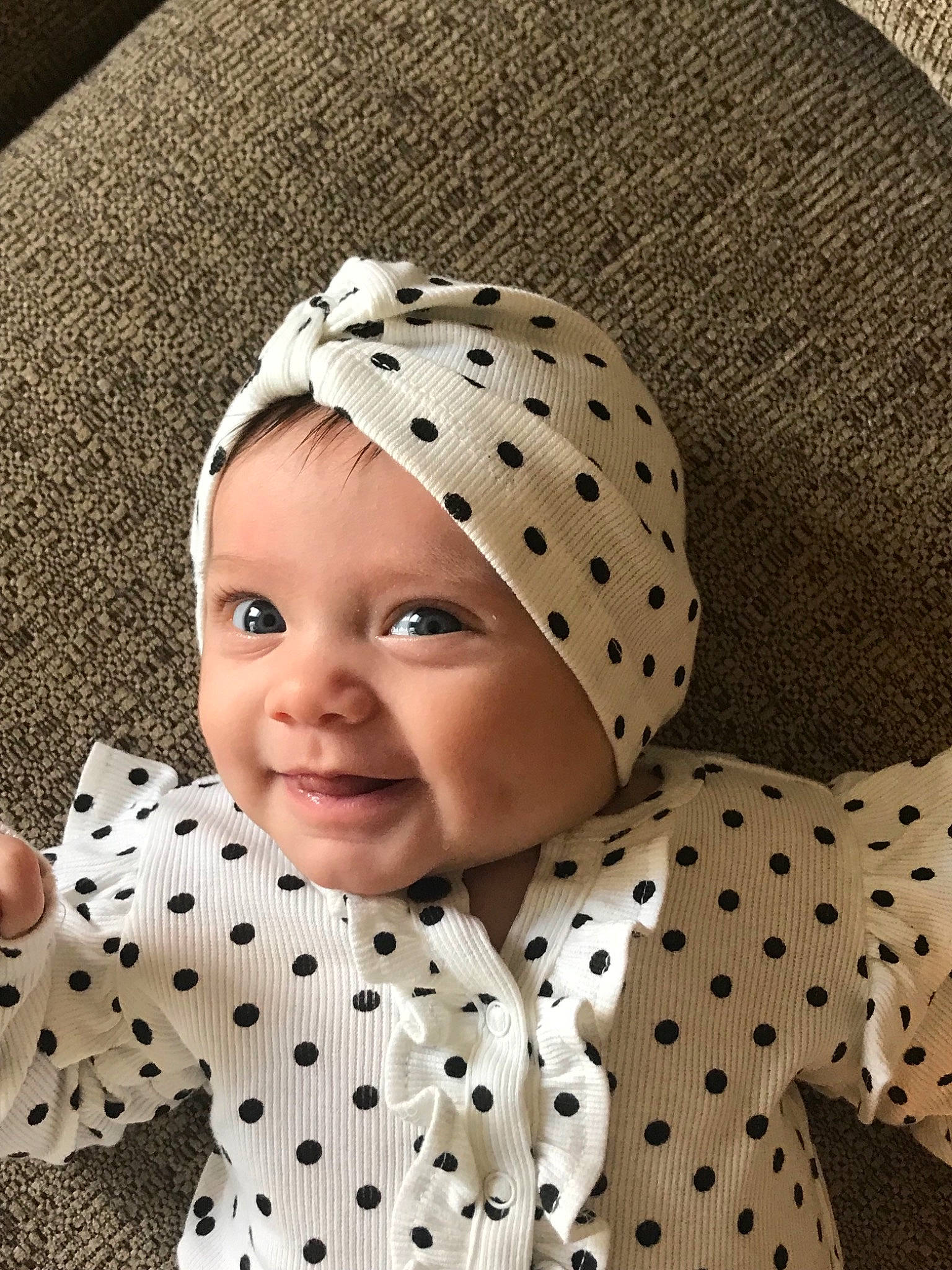 Abigale is registered to the contest to win money with this photo: baby, baby_toddler_clothing, bonnet, child, clothing, design, head, headgear, headwear, outerwear, pattern, person, polka_dot, toddler