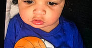 Zymere Lasanta is registered to the contest to win money with this photo: basketball, blue_shirt, cartoon, casual, child, closeup, clothing, curly_hair, cute, expression, eyelashes, face, head, indoor, lips, person, portrait, skin, toddler, young_child
