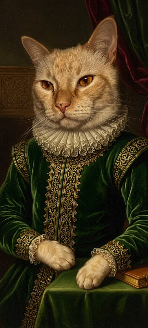 Baebae joined the competition — help win amazing prizes! animal, cat, decorative_background, digital_art, fantasy, fashion, formalwear, green_velvet, historical_costume, indoors, lace_collar, noble, orange_tabby, ornate, painting, portrait, renaissance, royal, sitting, whiskers