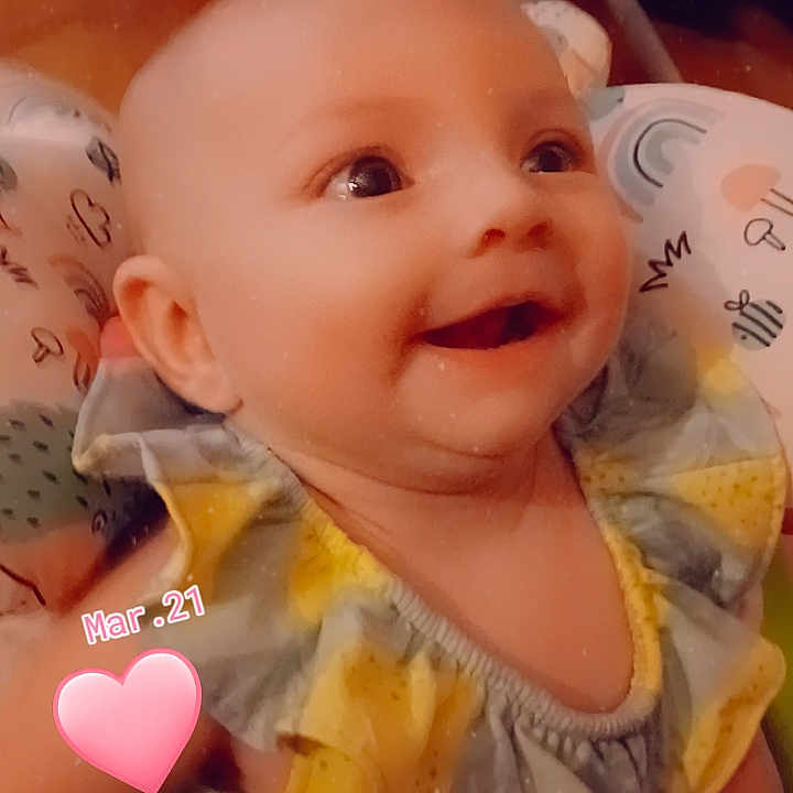 Paisleigh joined the competition — help win amazing prizes! applique, baby, babylaughing, bodypart, bonnet, clothing, doll, face, finger, hand, happy, hat, head, mouth, newborn, person, photography, portrait, smile, toy