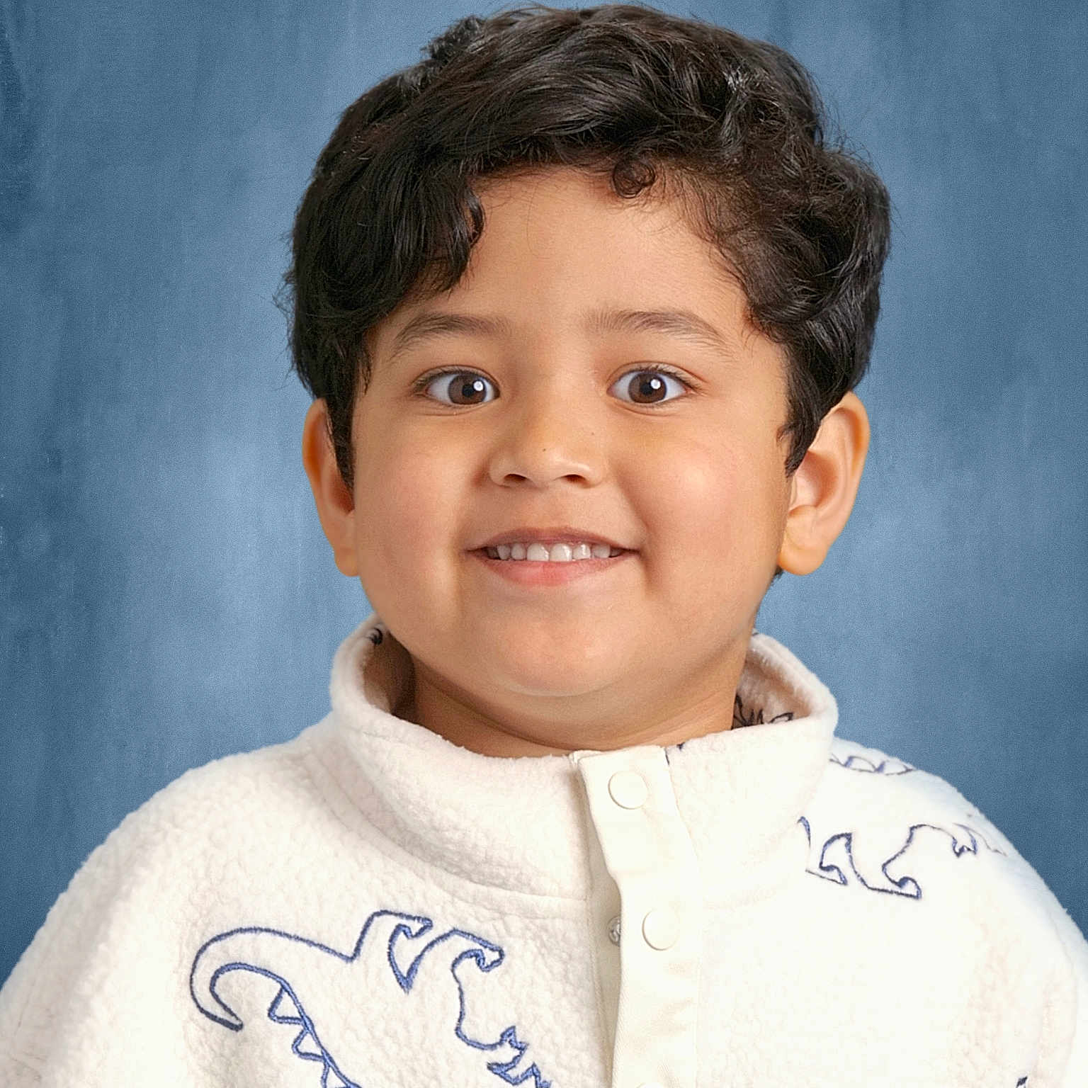 Avik joined the competition — help win amazing prizes! blue_background, buttoned_pullover, casual_wear, child, cozy_clothing, curly_hair, cute, dinosaur_pattern, face, friendly, happy, headshot, indoor, kid, portrait, smile, studio_photo, warm_lighting, white_fleece, young