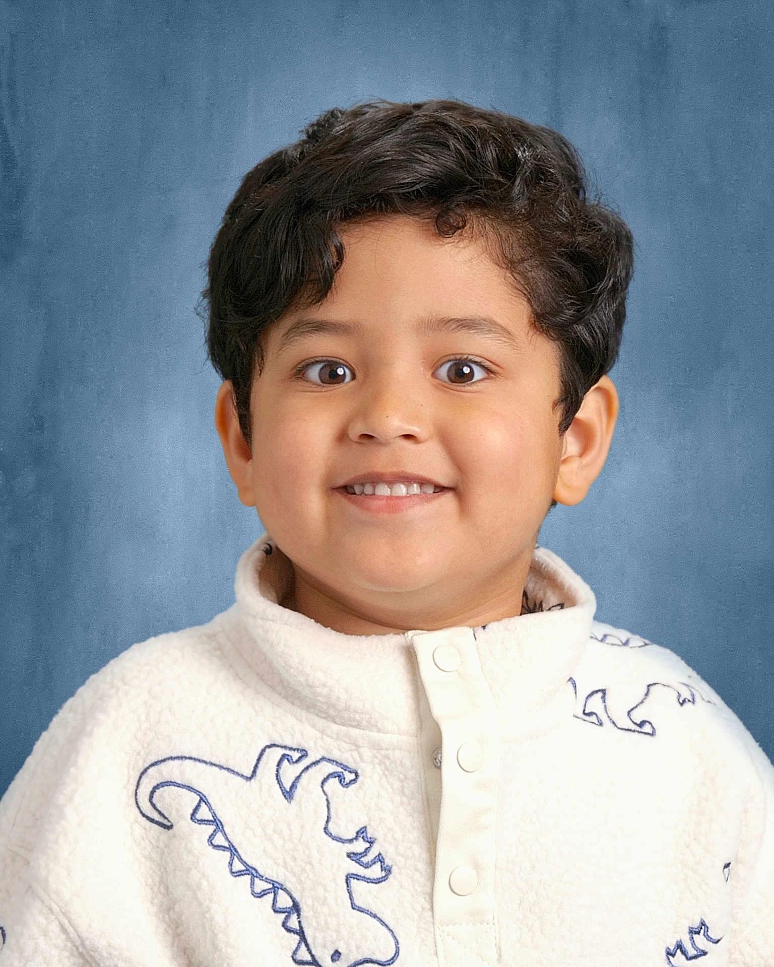 Avik joined the competition — help win amazing prizes! child, smile, portrait, face, curly_hair, white_fleece, dinosaur_pattern, cozy_clothing, blue_background, happy, young, casual_wear, buttoned_pullover, indoor, cute, kid, headshot, friendly, warm_lighting, studio_photo