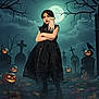 child, girl, halloween, graveyard, jack_o_lantern, pumpkin, full_moon, grave, tombstone, spooky, dark_dress, black_lipstick, night, fog, cobweb, hand_prop, crossed_arms, trees, crow, costume
