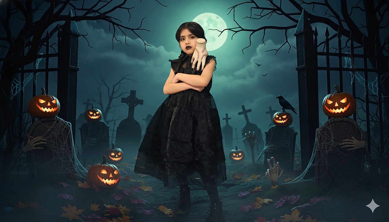Abbigail joined the competition — help win amazing prizes! child, girl, halloween, graveyard, jack_o_lantern, pumpkin, full_moon, grave, tombstone, spooky, dark_dress, black_lipstick, night, fog, cobweb, hand_prop, crossed_arms, trees, crow, costume