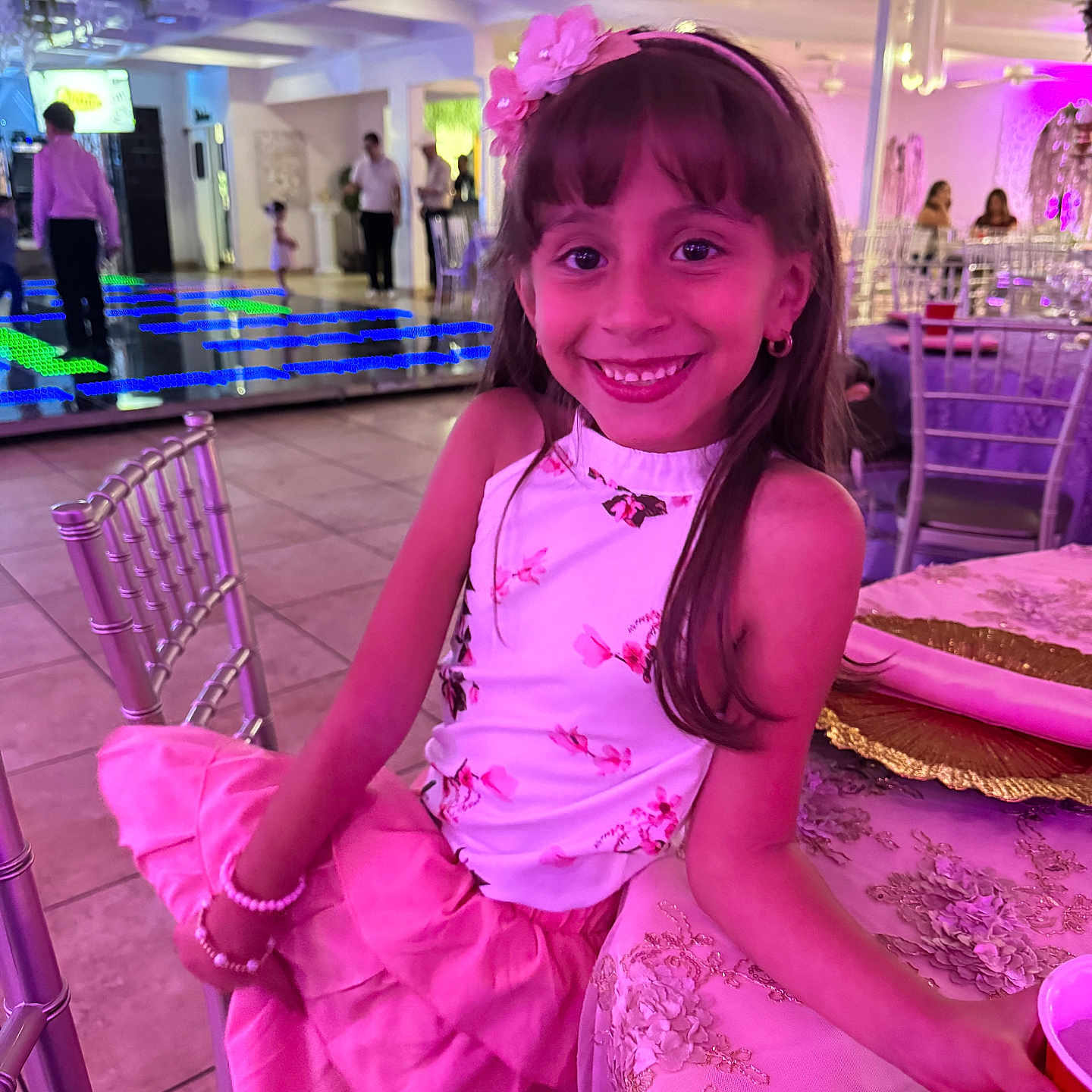 Rose Tuccino joined the competition — help win amazing prizes! bracelet, celebration, chair, child, cup, decor, dress, event, flower_headband, girl, happy, indoor, lights, party, people, pink, portrait, smile, table, white