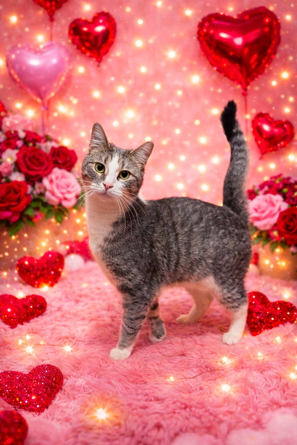 Pierce joined the competition — help win amazing prizes! cat, tabby_cat, pet, valentines, hearts, heart_balloon, roses, flowers, pink, sparkle_lights, bokeh, plush_rug, fur, whiskers, tail, portrait, indoor, standing, cute, cozy