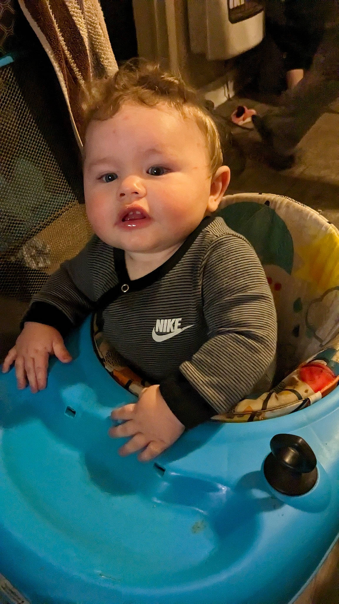 Christopher is registered to the contest to win money with this photo: baby, baby_toddler_clothing, cheek, child, eye, facial_expression, finger, fun, green, hairstyle, happy, iris, mouth, nose, people, person, product, sitting, skin, smile