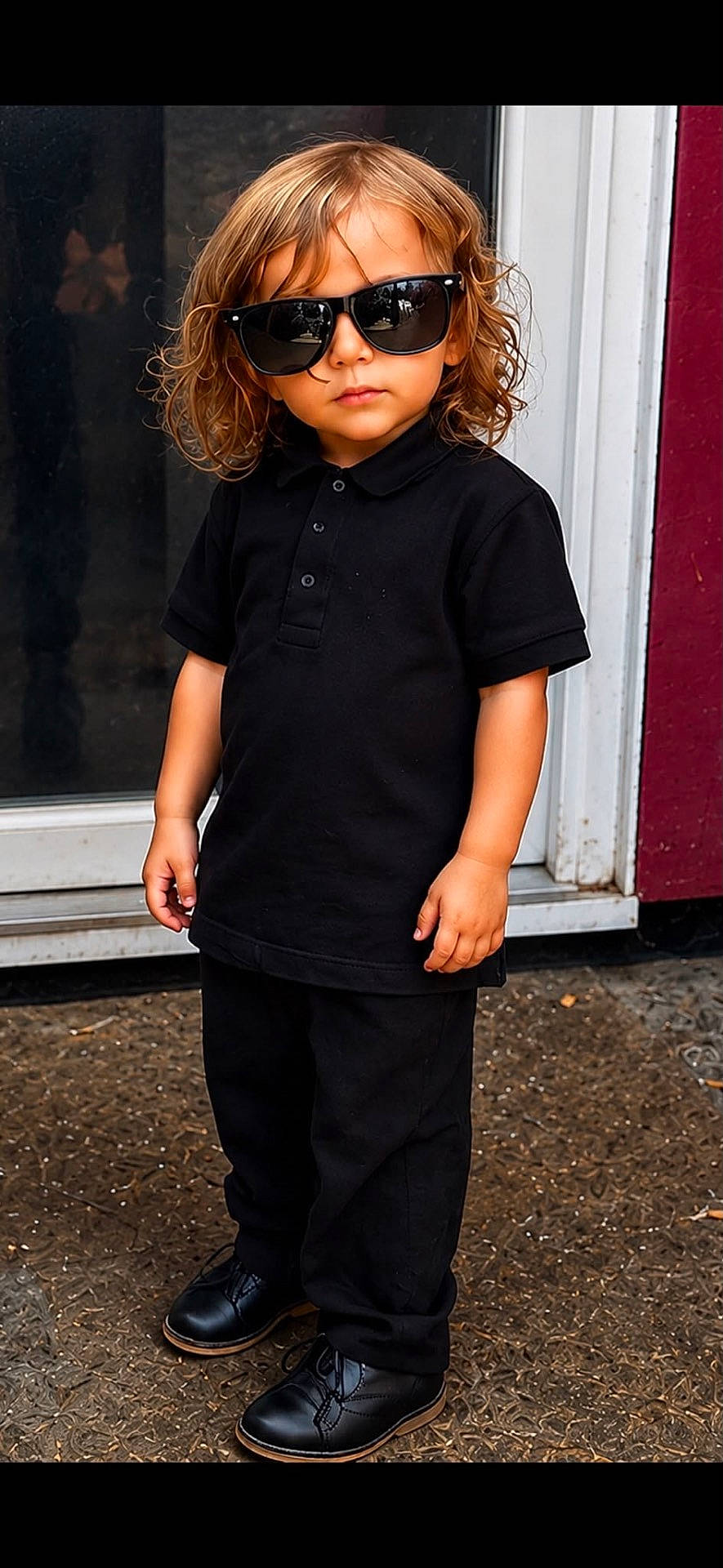 black_clothing, casual, child, concrete, confident, cool, curly_hair, door, fashion, kid, outdoor, pants, person, polo_shirt, portrait, serious_expression, shoes, standing, sunglasses, young