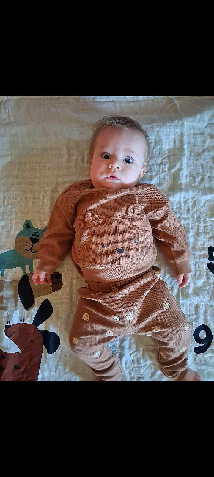 Cylas is registered to the contest to win money with this photo: baby, infant, child, blanket, playmat, onesie, bear_motif, face, wide_eyes, lying_down, pajamas, pattern, cute, hand, leg, soft_toy_graphic, indoor, portrait, neutral_background, cotton_texture